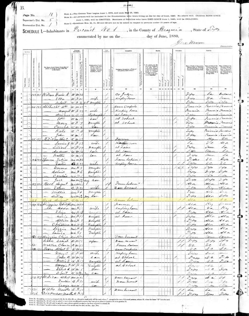 1880 census record with August Bess highlighted