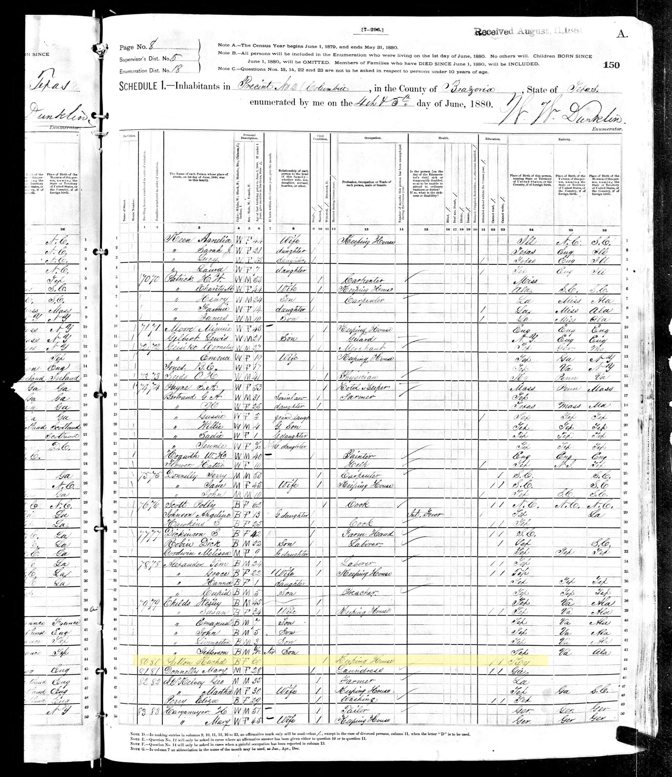 image of 1880 census with Rachel Patton highlighted