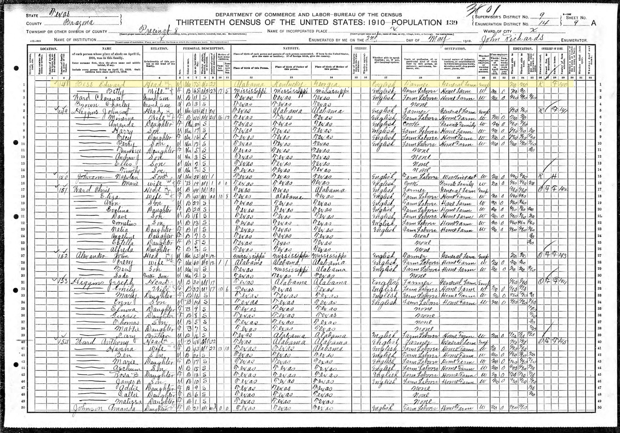 1910 census with Ed Bess highlighted