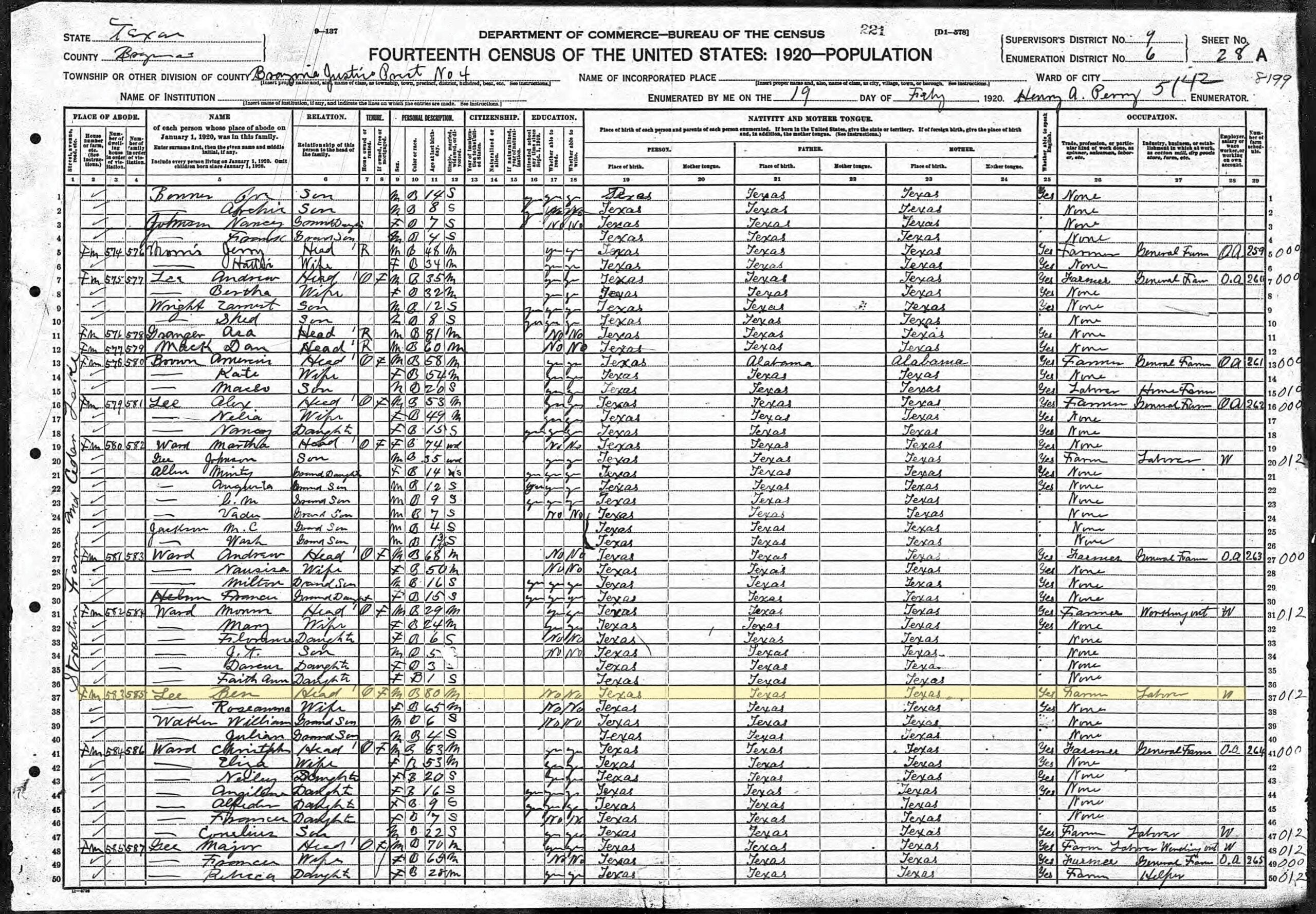 1920 census record with Ben Lee highlighted