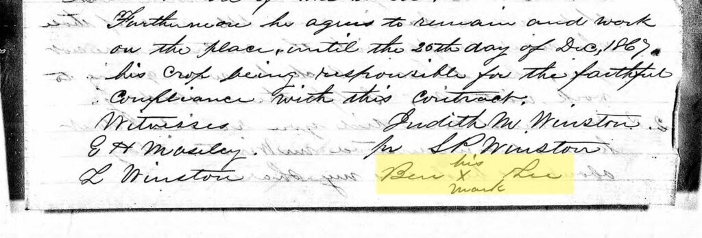 image of Freedmen's Bureau contract with Ben Lee's signature highlighted