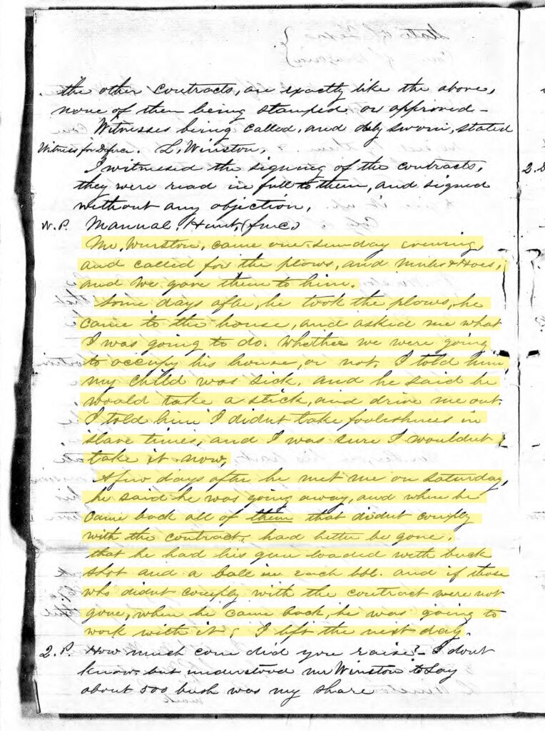 Freedmen's Bureau record with highlighted text