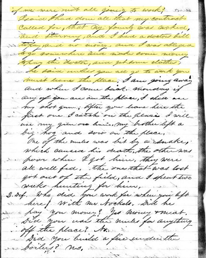 Freedmen's Bureau record with highlighted text