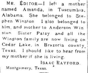 square newspaper ad looking for Isaac Rayford's mother Amanda