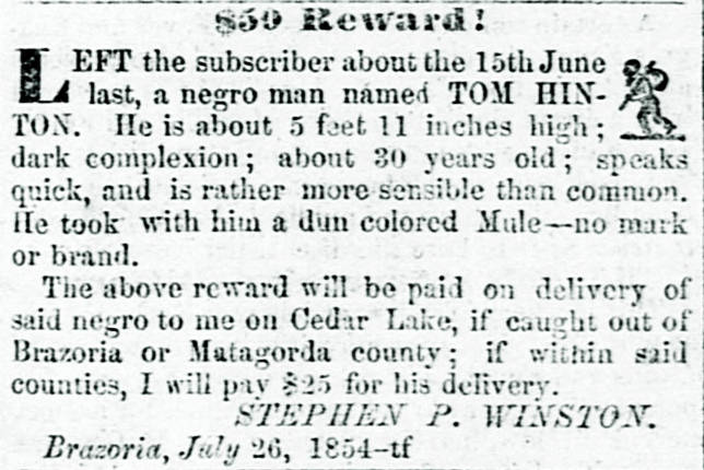 runaway slave ad for Tom Hinton