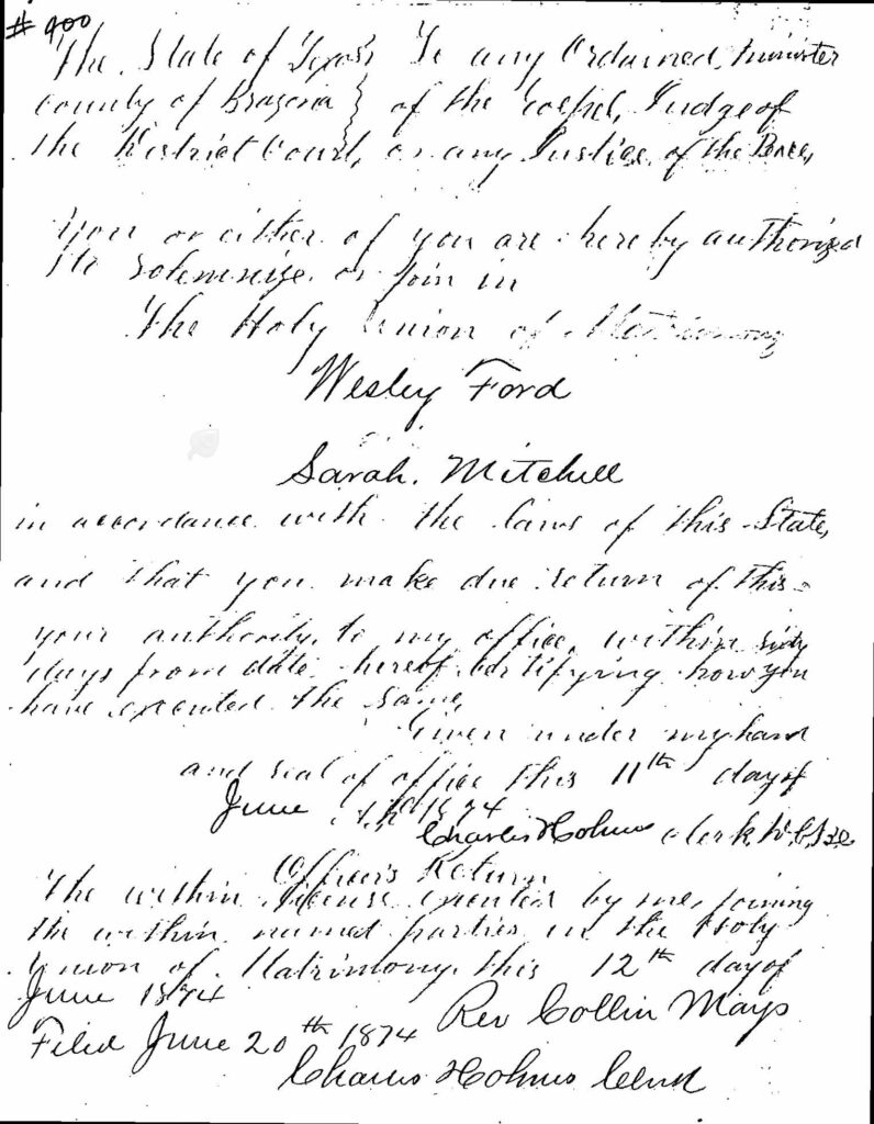 marriage certificate for Sarah Mitchell and Wesley Ford