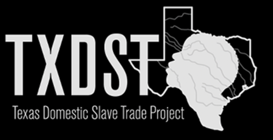 Silhouette of a head with short head inscribed into an outline of Texas. TXDST Texas Domestic Slave Trade Project