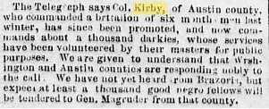 Newspaper excerpt from "The Texas Almanac" using racist terminology to announce the conscription of Black slaves into the Confederate States Army.