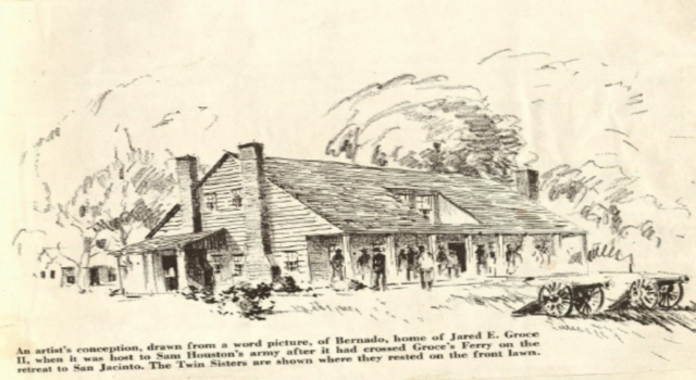 A sketch drawing of the Bernardo plantation home with Sam Houston's Army.